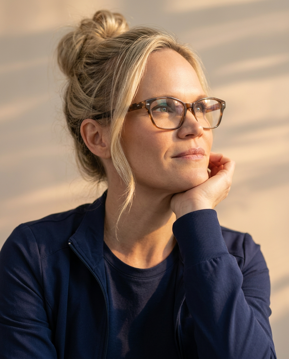 A woman wearing glasses and a navy blue jacket is resting her chin on her hand, gazing thoughtfully into the distance, with a sunset sky in the background.
