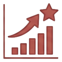 A red bar graph with an upward trending arrow and a star on top, indicating growth or success.