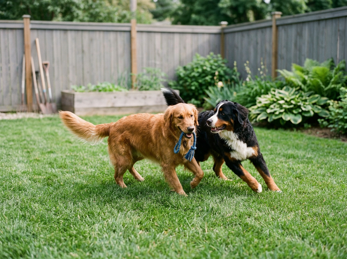Two dogs playing with a toy in a backyard with green grass, a wooden fence, and garden plants.
