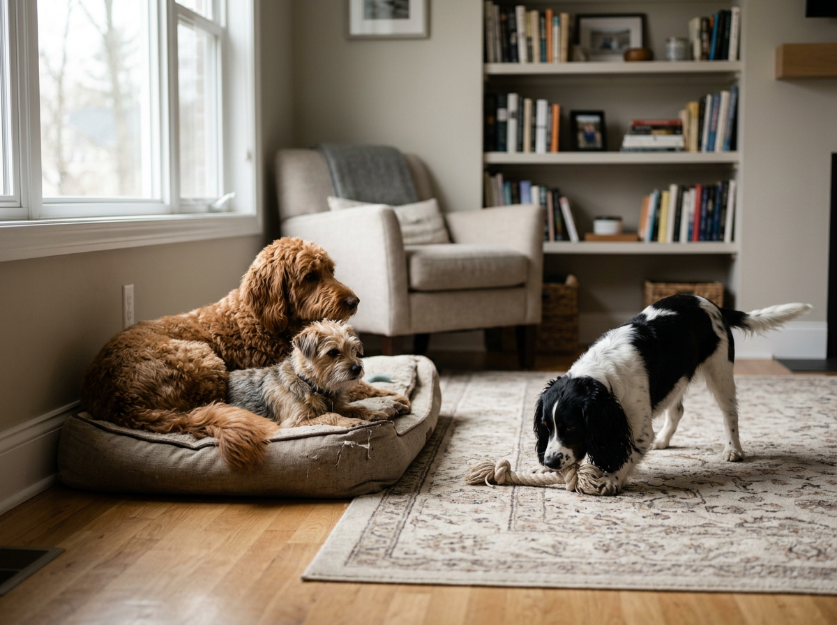 Three dogs in a cozy living room, with two resting on a dog bed and one playing with a rope toy on a patterned rug, near a window and a bookshelf.