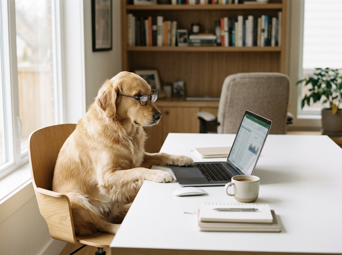 A dog wearing glasses sitting at a desk with a laptop, a coffee mug, and a notebook in a home office.