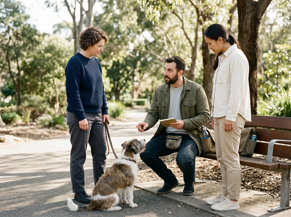 Three people and a dog in a park having a conversation. One person is sitting on a bench, the other two are standing with the dog.