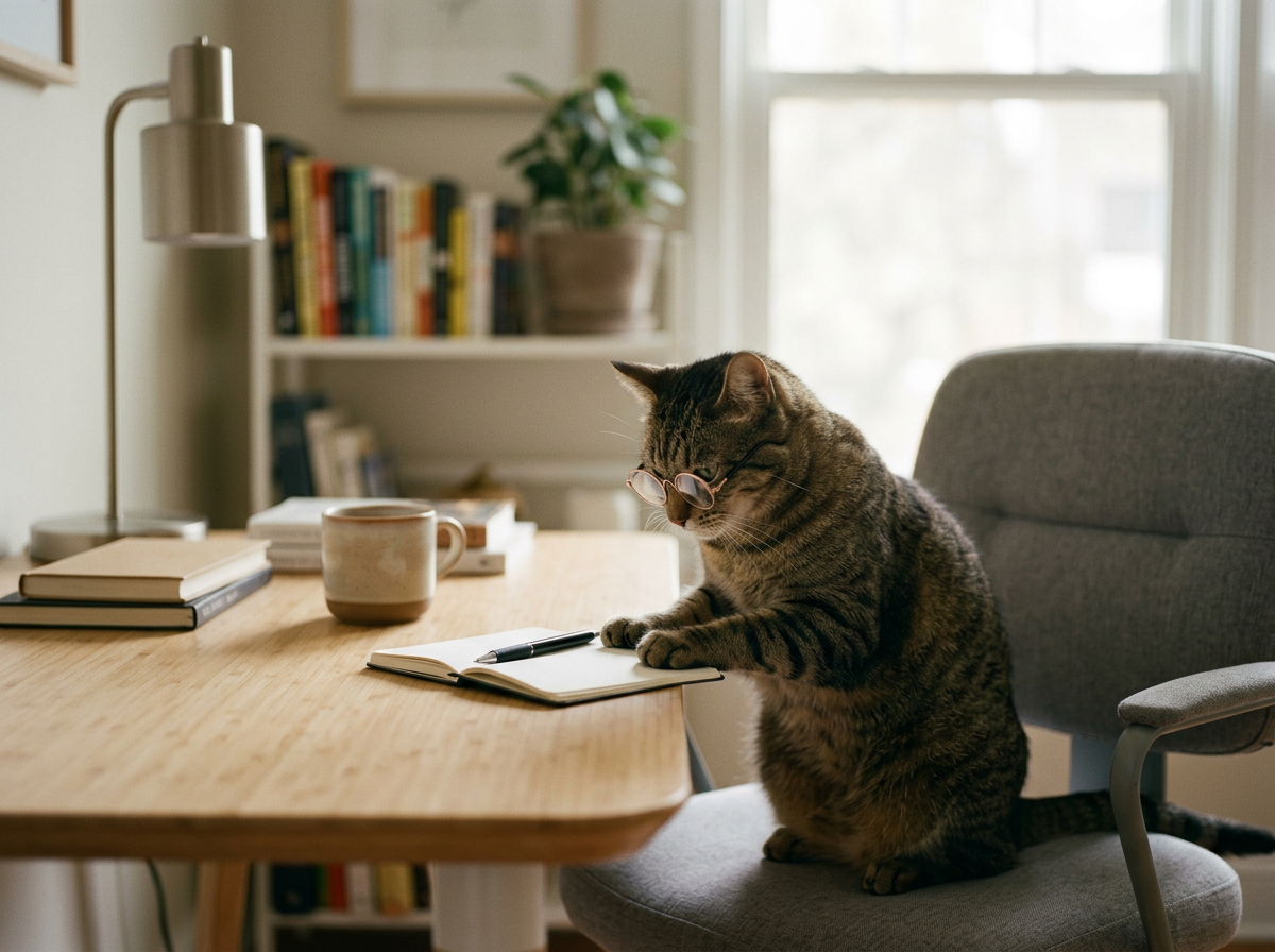 A tabby cat wearing glasses sitting on a chair at a desk with an open notebook and a pen, in a home office with a bookshelf and a window in the background.