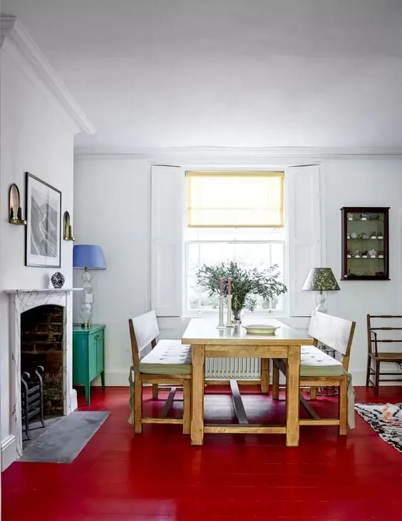 Fiery red floorboards, Bridie Hall, House and Garden