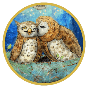 Owl and baby owl illustration from Conscious Care Cards, adult owl nuzzling young owl in a nest under a starry night sky, symbolizing parent-child bonding, empathy, and emotional regulation tools for children.