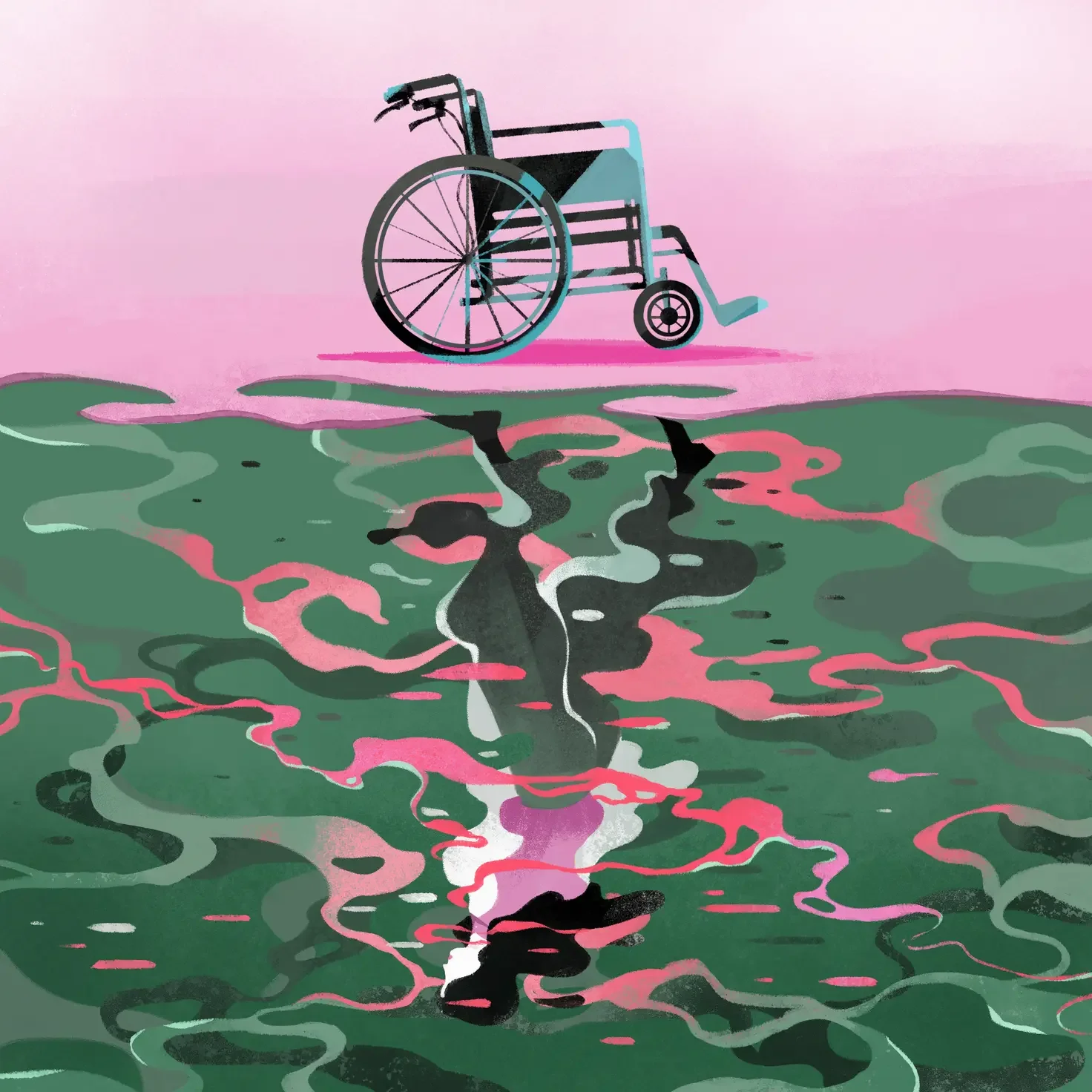 A graphic of a wheelchair, reflected in a body of water as a ambulatory person A