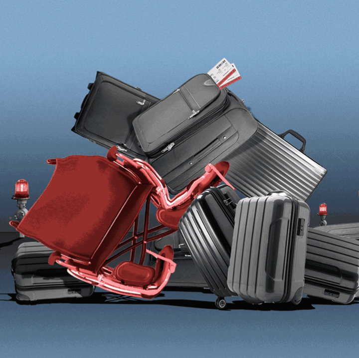 On a blue background, a graphic of a red wheelchair crushed under black suitcases