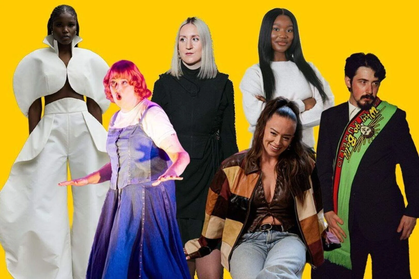On a yellow backgraoung, 6 cut out photos of individual people.
