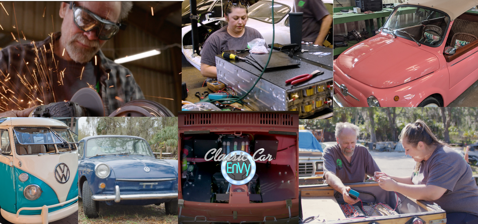 Green Shed Conversions crew fabricating electric-vehicle components alongside classic cars featured in Classic Car EnVy.
