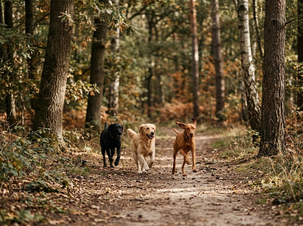Three dogs running on a dirt trail through a forest with tall trees and autumn leaves.