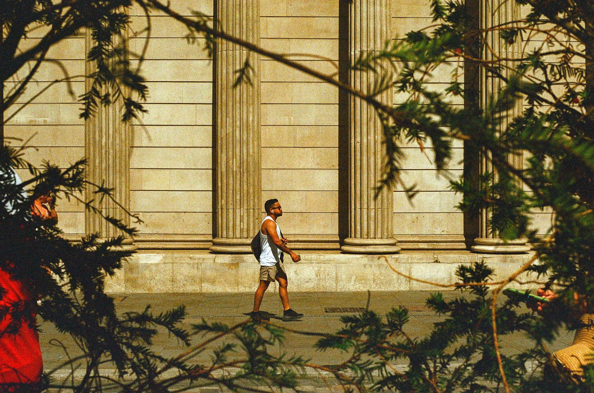Man walking past a classical building with large columns, framed by tree branches and leaves in the foreground.