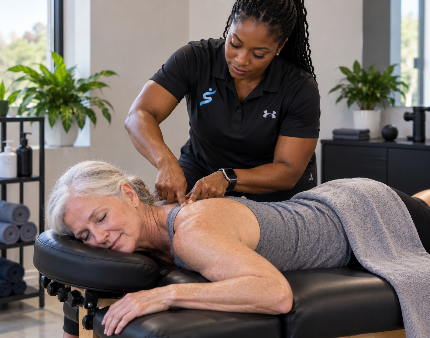 Swift Stretch coach providing hands-on assisted stretching and mobility support for an older adult in a professional wellness studio.