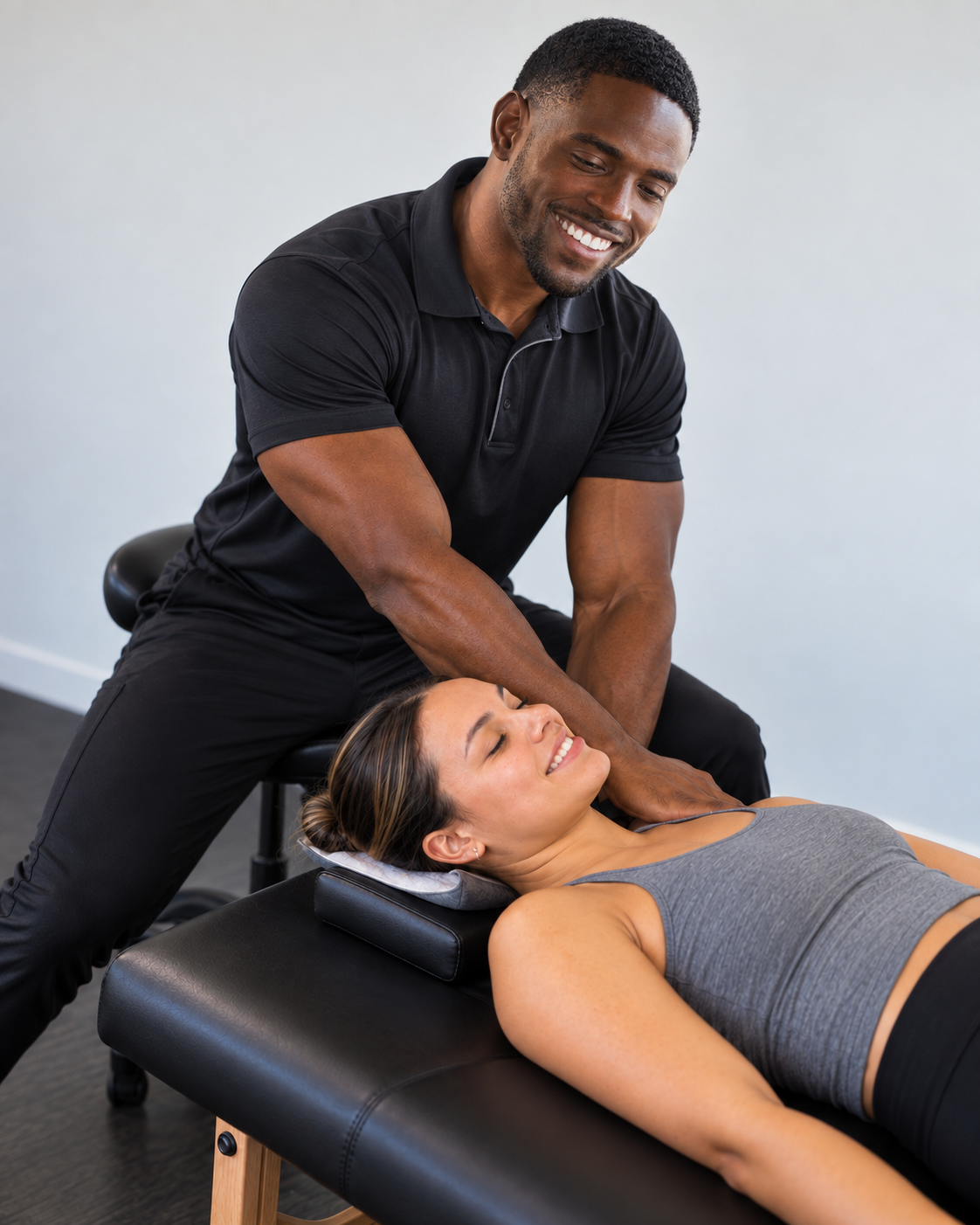 Swift Stretch coach providing assisted neck and shoulder stretching to a client at a professional wellness studio.