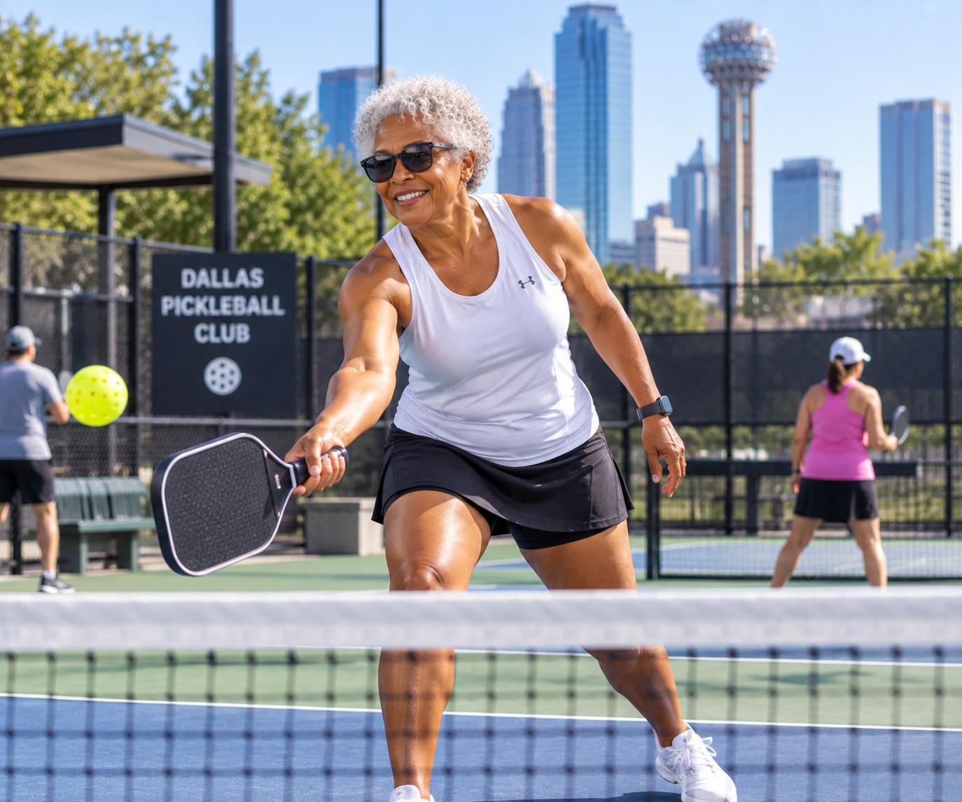 Active older adult playing pickleball in Dallas, Texas, representing mobility, flexibility and healthy active aging.