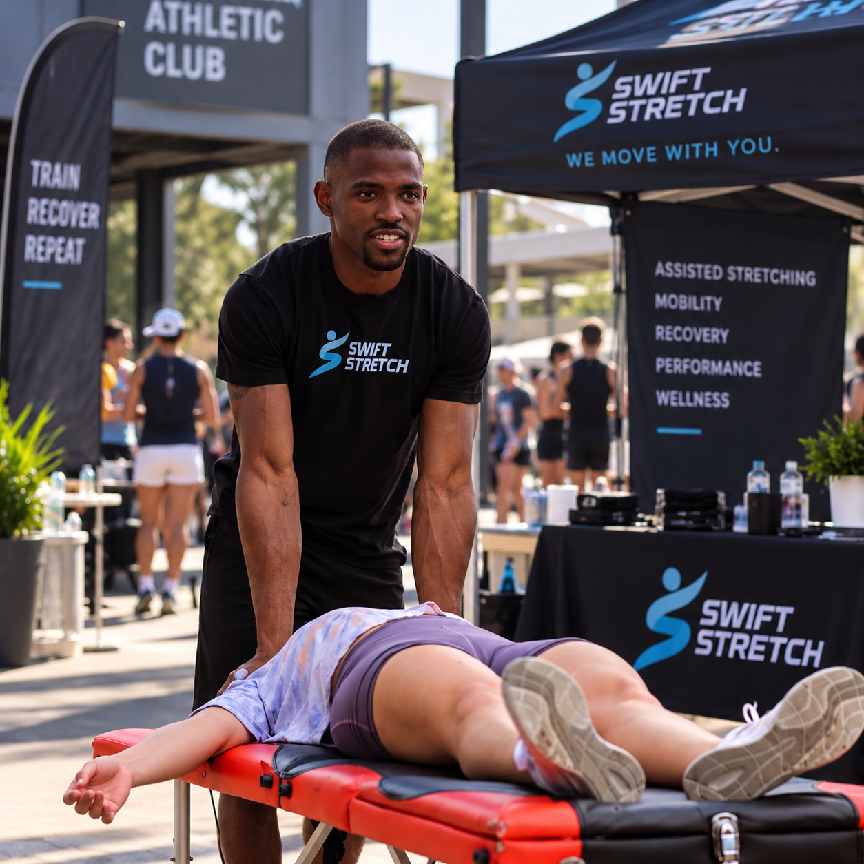Swift Stretch coach providing assisted stretching and athlete recovery services at a Dallas-Fort Worth sporting event.