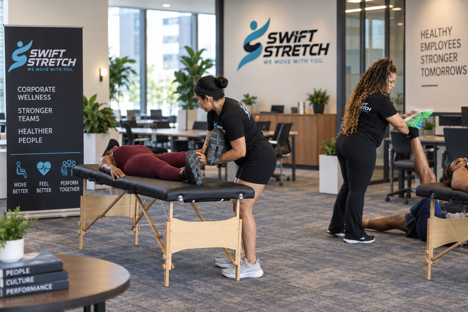 Swift Stretch team providing assisted stretching and mobility services to multiple clients at a Dallas-Fort Worth wellness event.