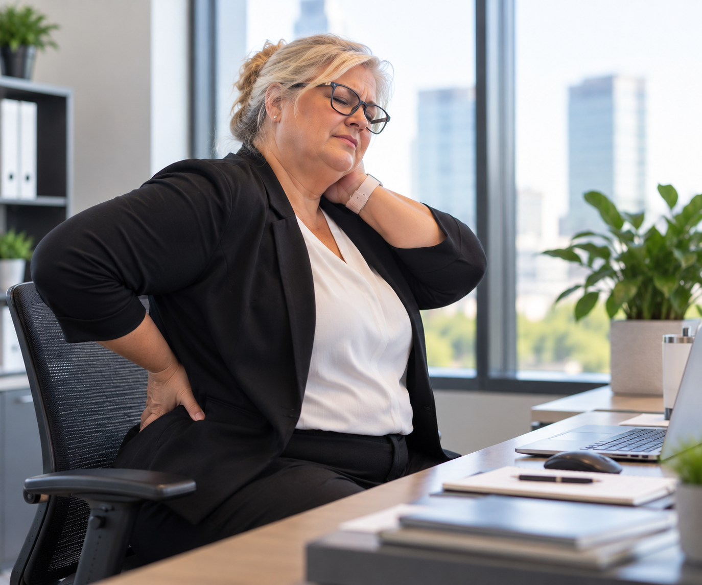 Office professional experiencing neck and lower-back discomfort from prolonged sitting and desk work.