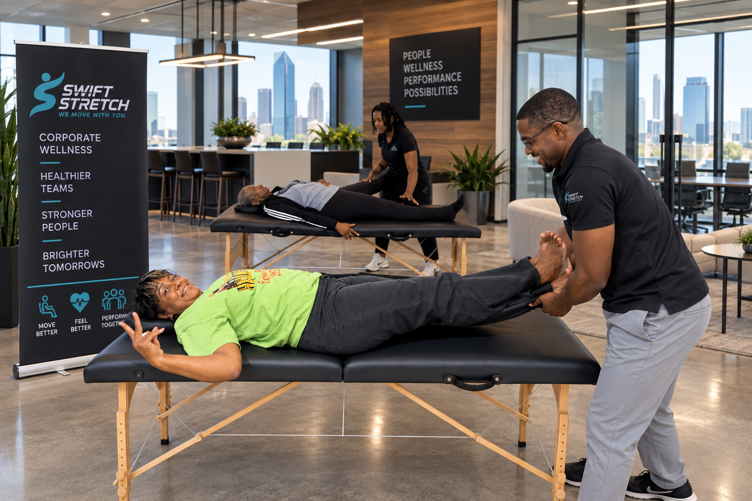 Swift Stretch coaches are providing assisted stretching and mobility services as part of an on-site corporate wellness program in Dallas-Fort Worth.