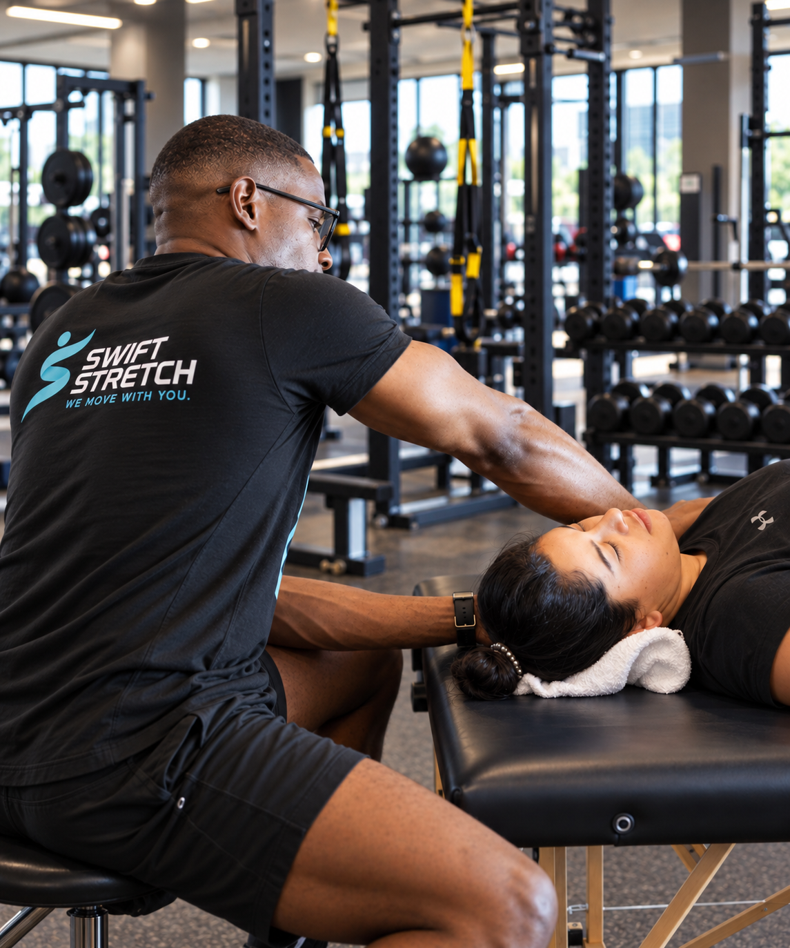 Swift Stretch coach providing assisted shoulder and upper-body stretching to improve mobility and flexibility in Fort Worth.