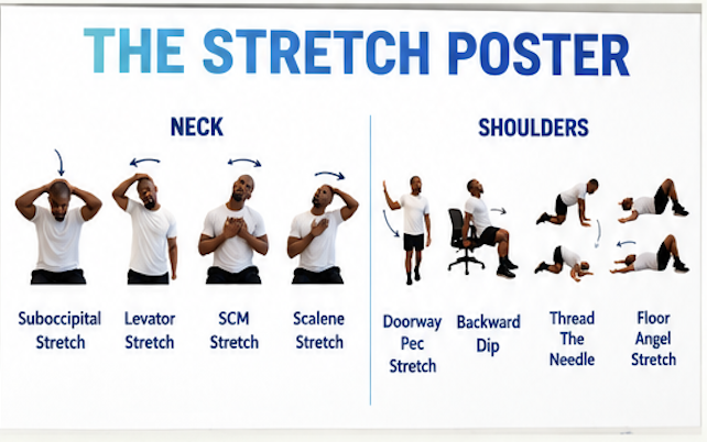 Swift Stretch Mobility Guide poster featuring 24 illustrated head-to-toe stretches organized by body region..png