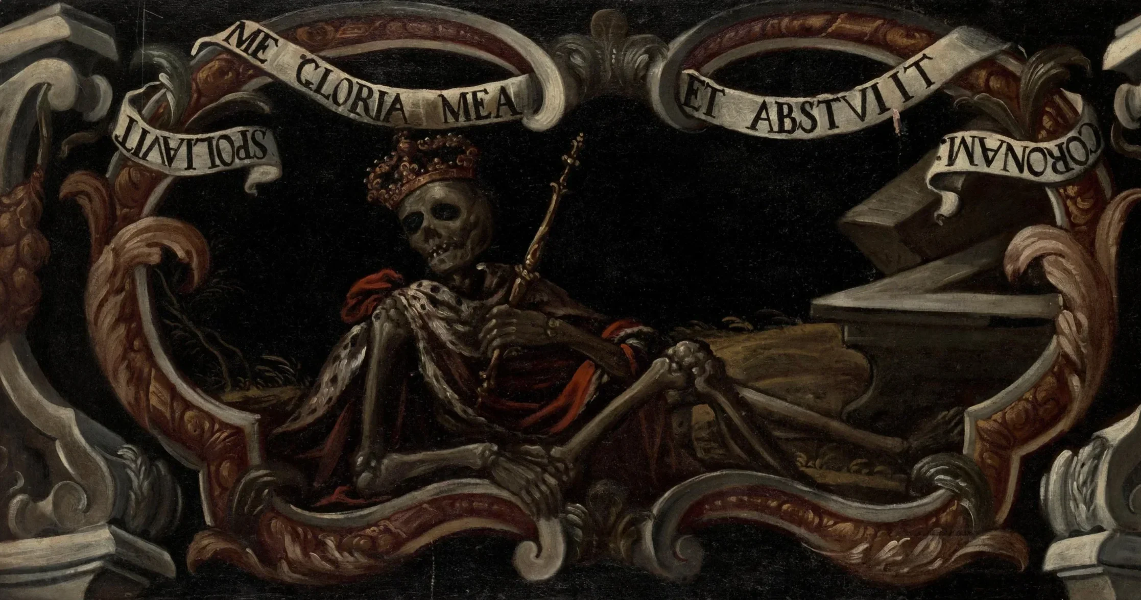 A painting of a skeleton wearing a crown, sitting in a dark space, surrounded by ornate decorations and holding a staff. There is a Latin inscription on a ribbon above the skeleton that says 'GLORIA MEA ET ABSTULIT CONCUPAM'.