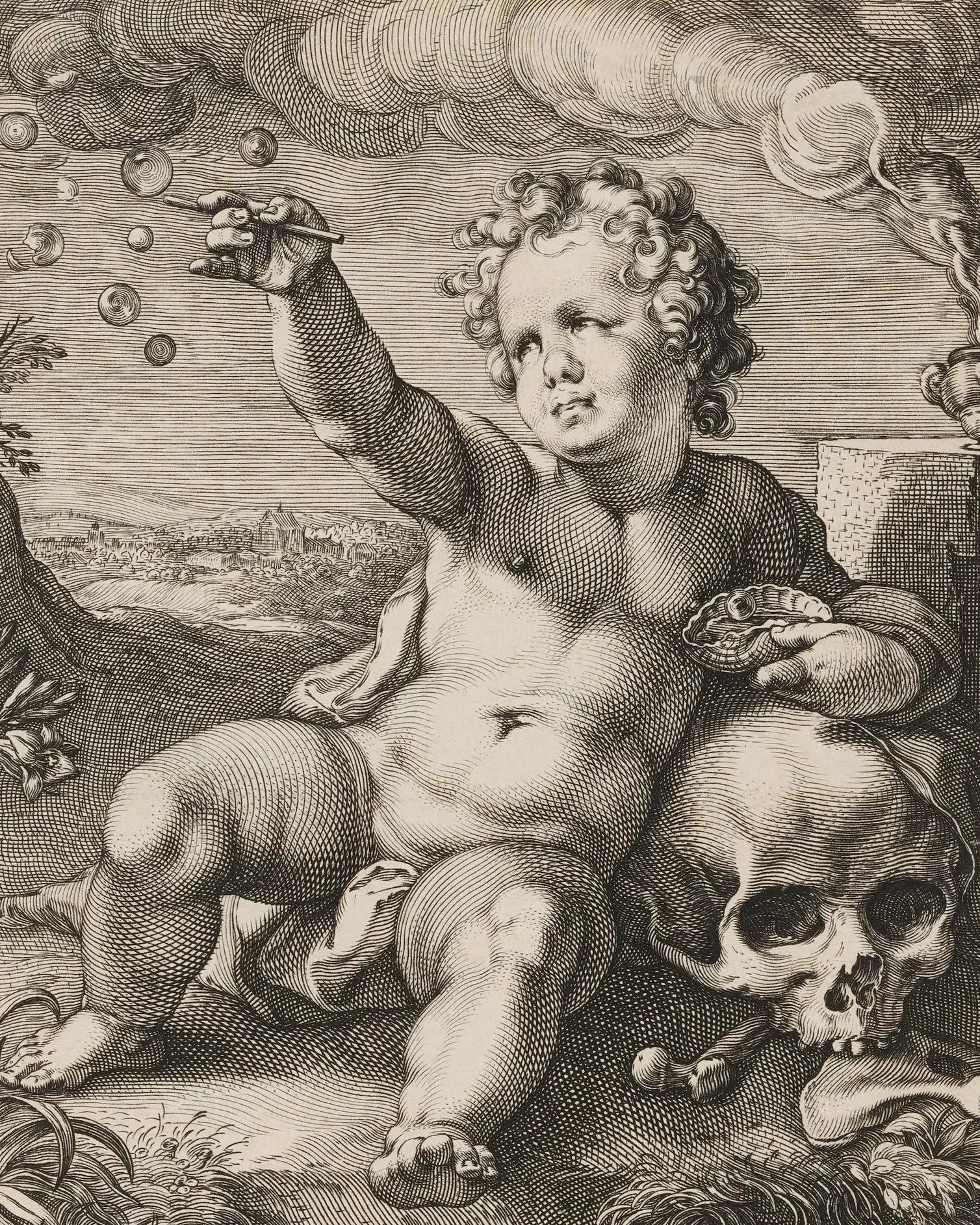 A detailed engraving of a cherub-like child with curly hair, sitting on a large skull, surrounded by clouds and smoky elements, with a landscape in the background.