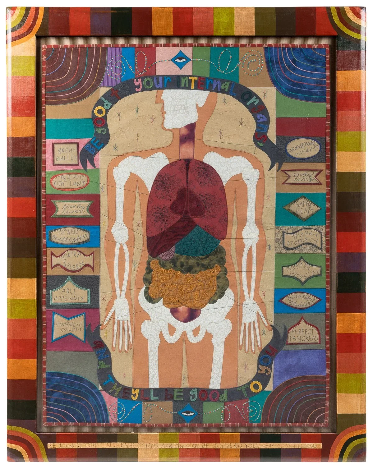 Colorful contemporary painting of a human figure showing its internal organs inside a patterned border