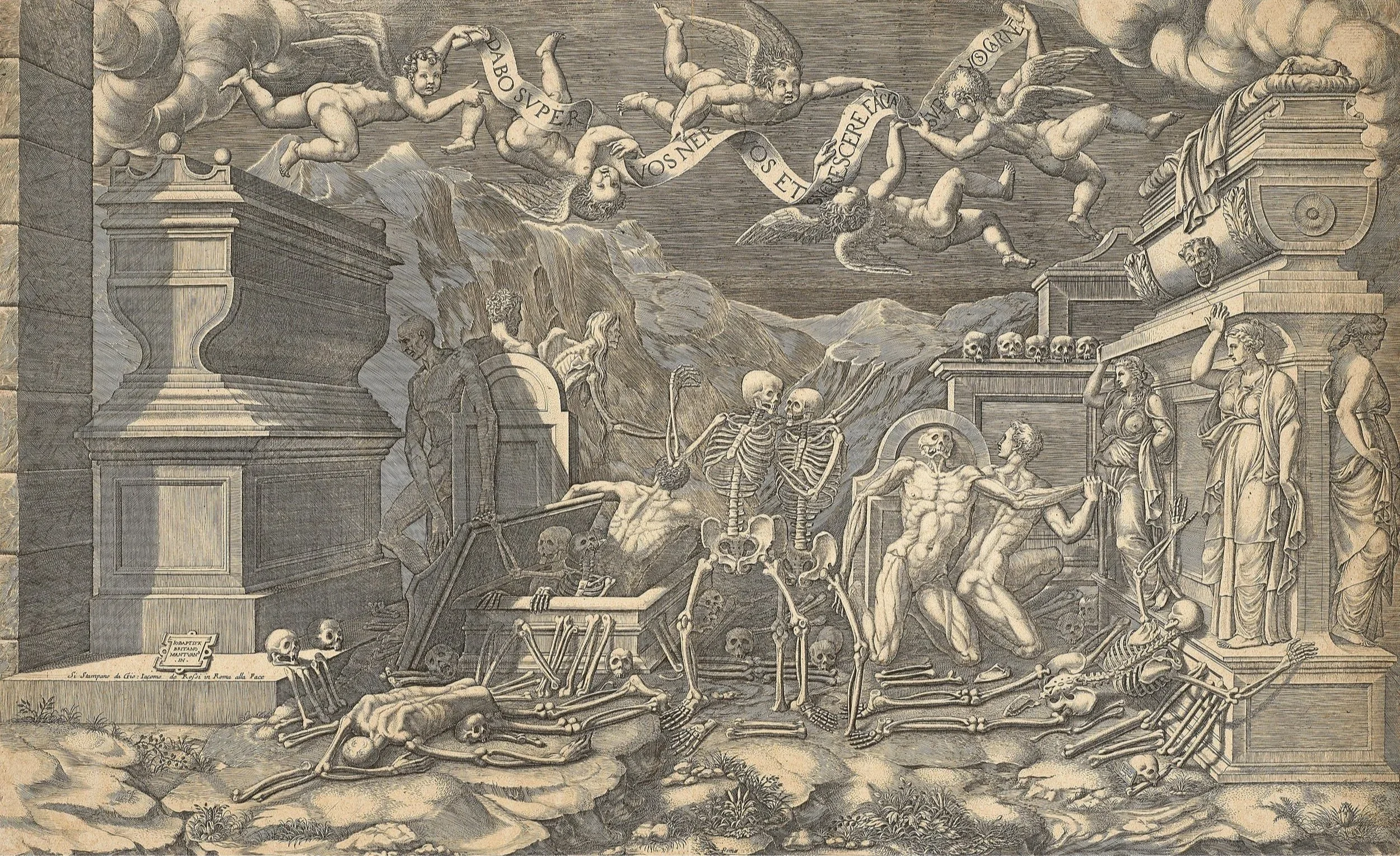 Engraving after Giorgio Ghisi of skeletons rising from open coffins and tombs