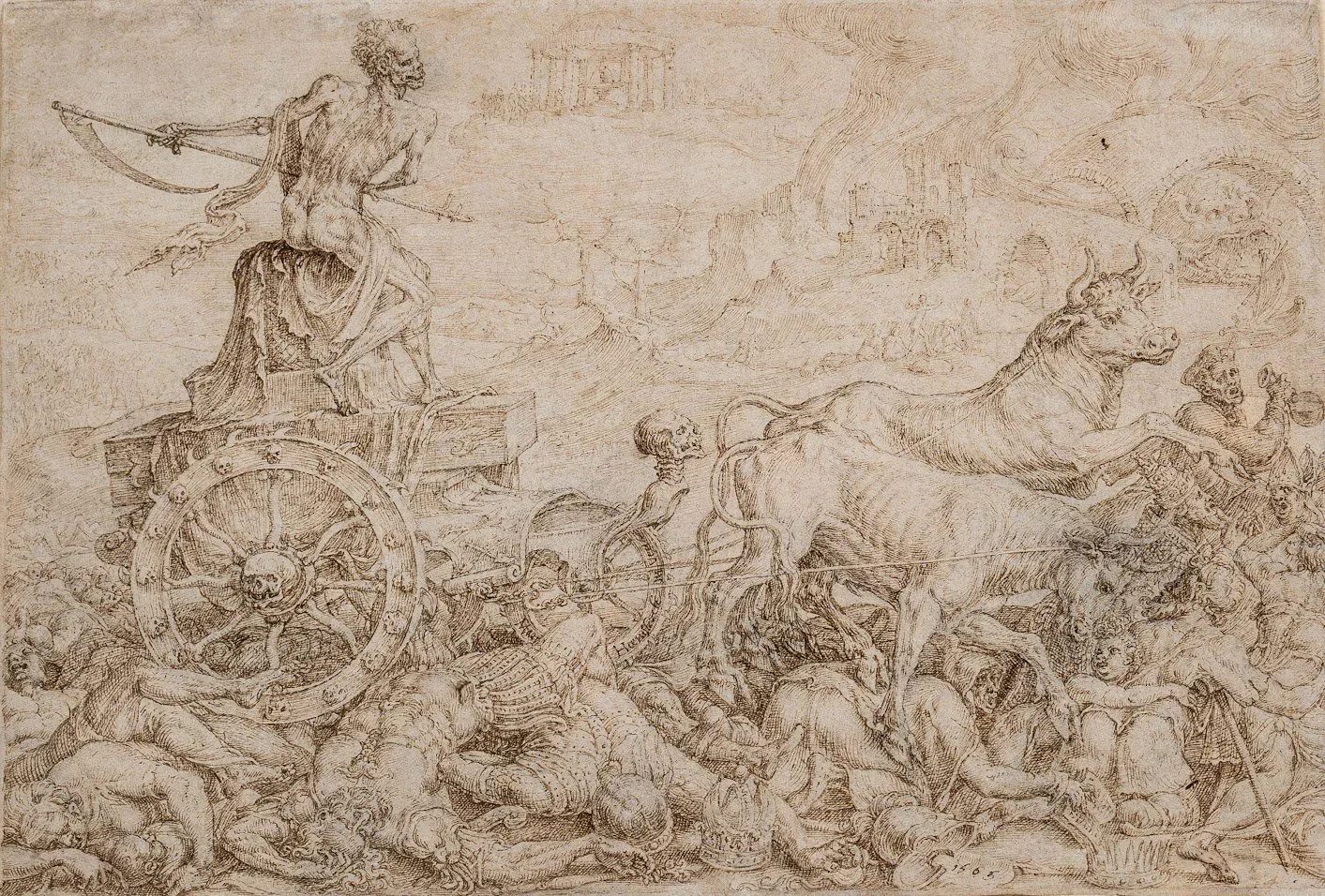 Detailed sepia drawing of a horned figure driving a chariot over a crowd of bodies