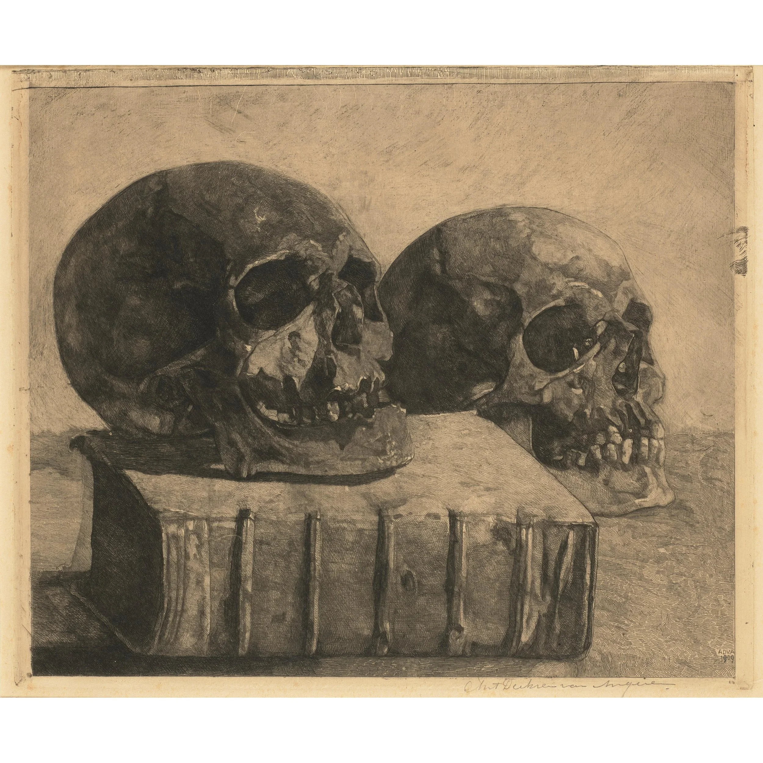 Drawing by Anton Derkzen van Angeren of two human skulls resting on a book