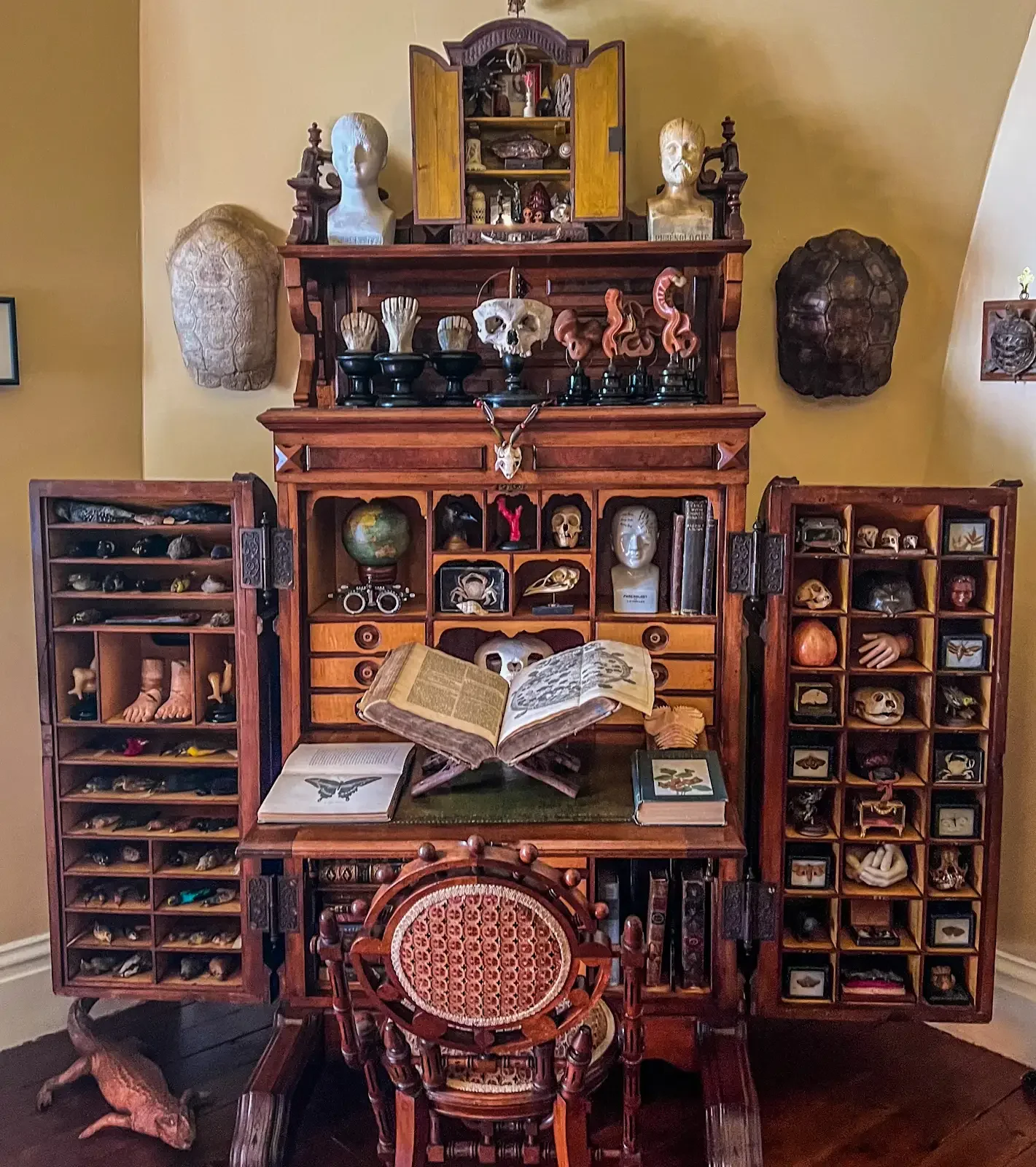 A wooden cabinet filled with various curiosities and artifacts, framed by two smaller shelves with miniature objects and figurines, behind a vintage wooden chair with a round backrest, all in a room with yellow walls.
