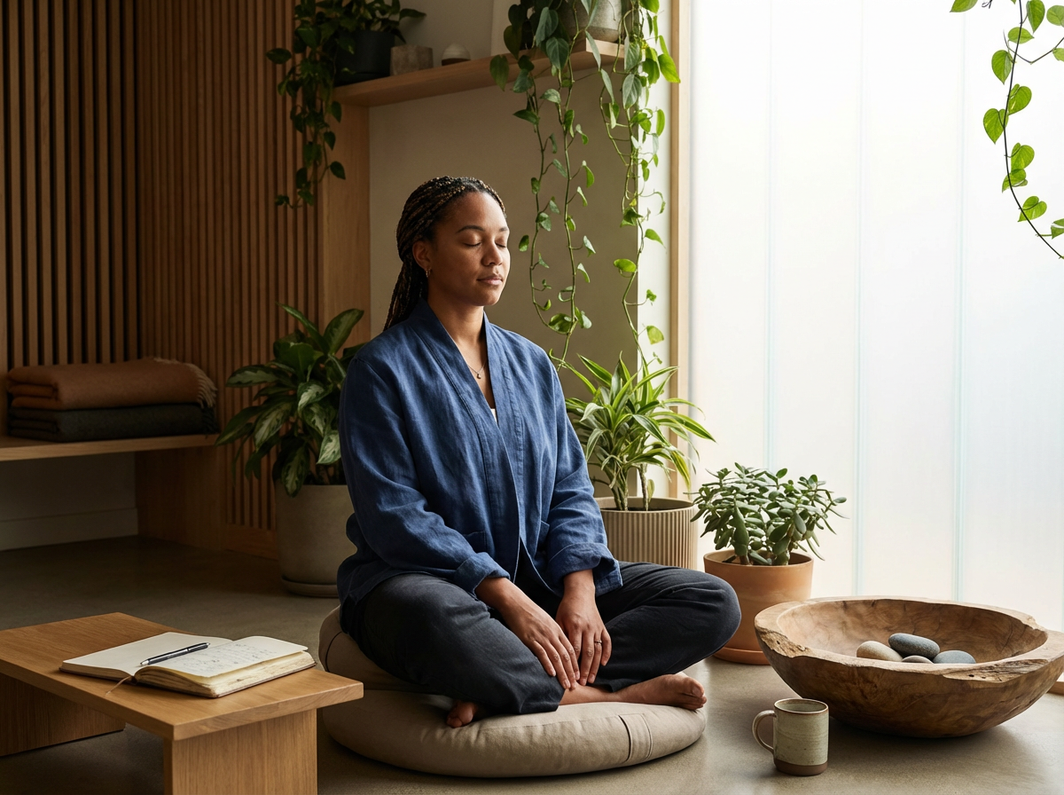 A woman with braided hair sits cross-legged on a cushion in a peaceful indoor setting, meditating with eyes closed. She is surrounded by green plants, a wooden bowl with stones, a mug, and an open notebook, with soft natural light coming through a large window.