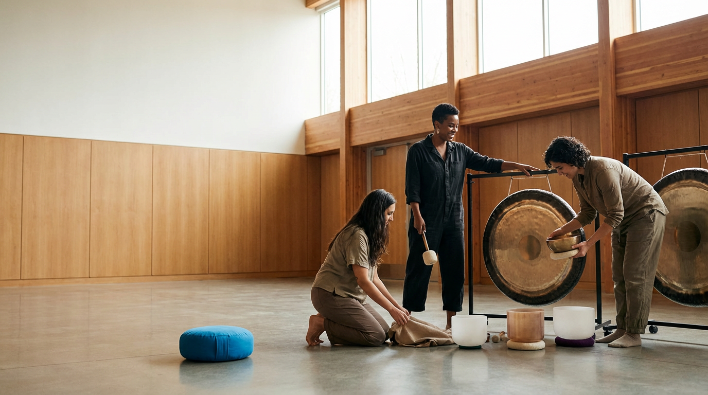 Three women in a music therapy session using singing bowls and gongs in a room with wooden walls and large windows.