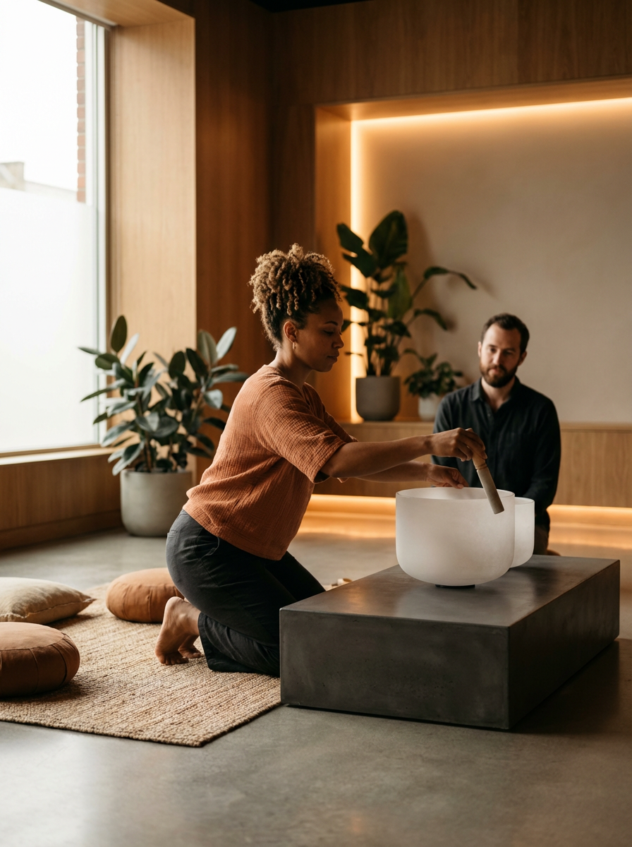 A woman kneeling on a rug playing a crystal singing bowl while a man watches, in a cozy room with potted plants and warm lighting.