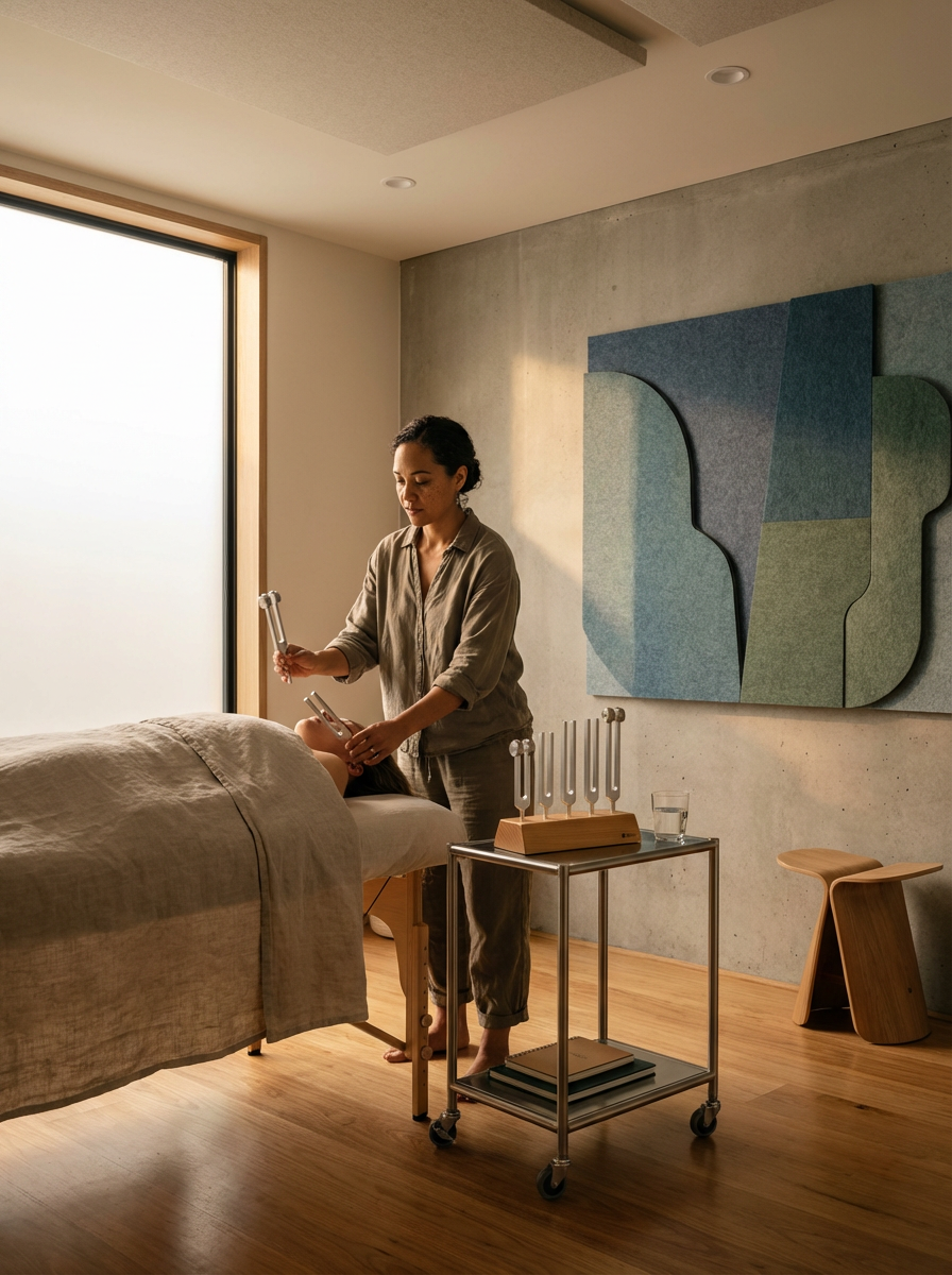 A woman giving a massage to another person on a massage table in a well-lit room.