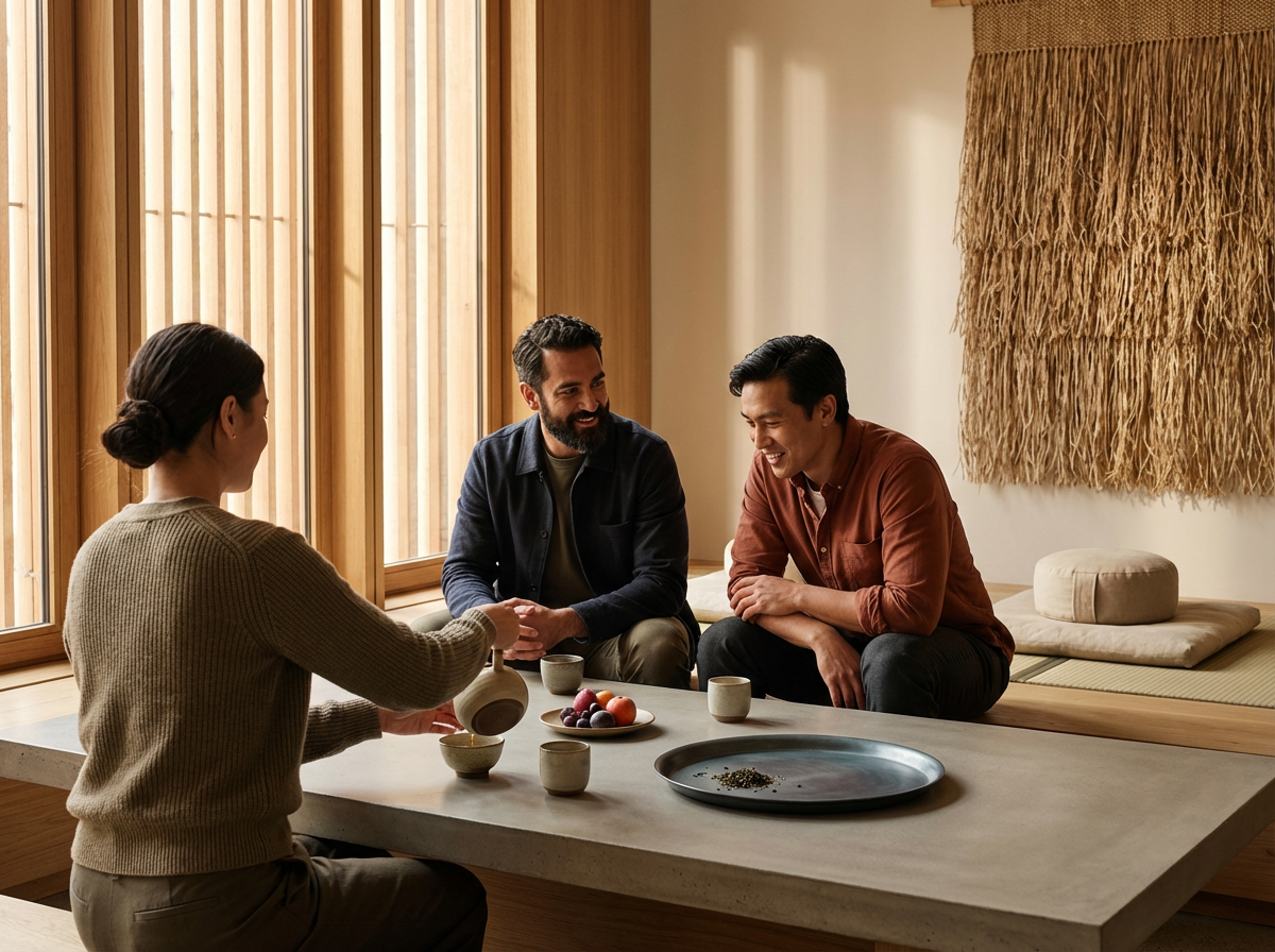 Three people sitting around a low table in a room with wooden window frames and a woven wall hanging. The woman on the left is serving tea from a teapot, and the two men are smiling and engaging in conversation, with cups and a plate of fruit on the table.