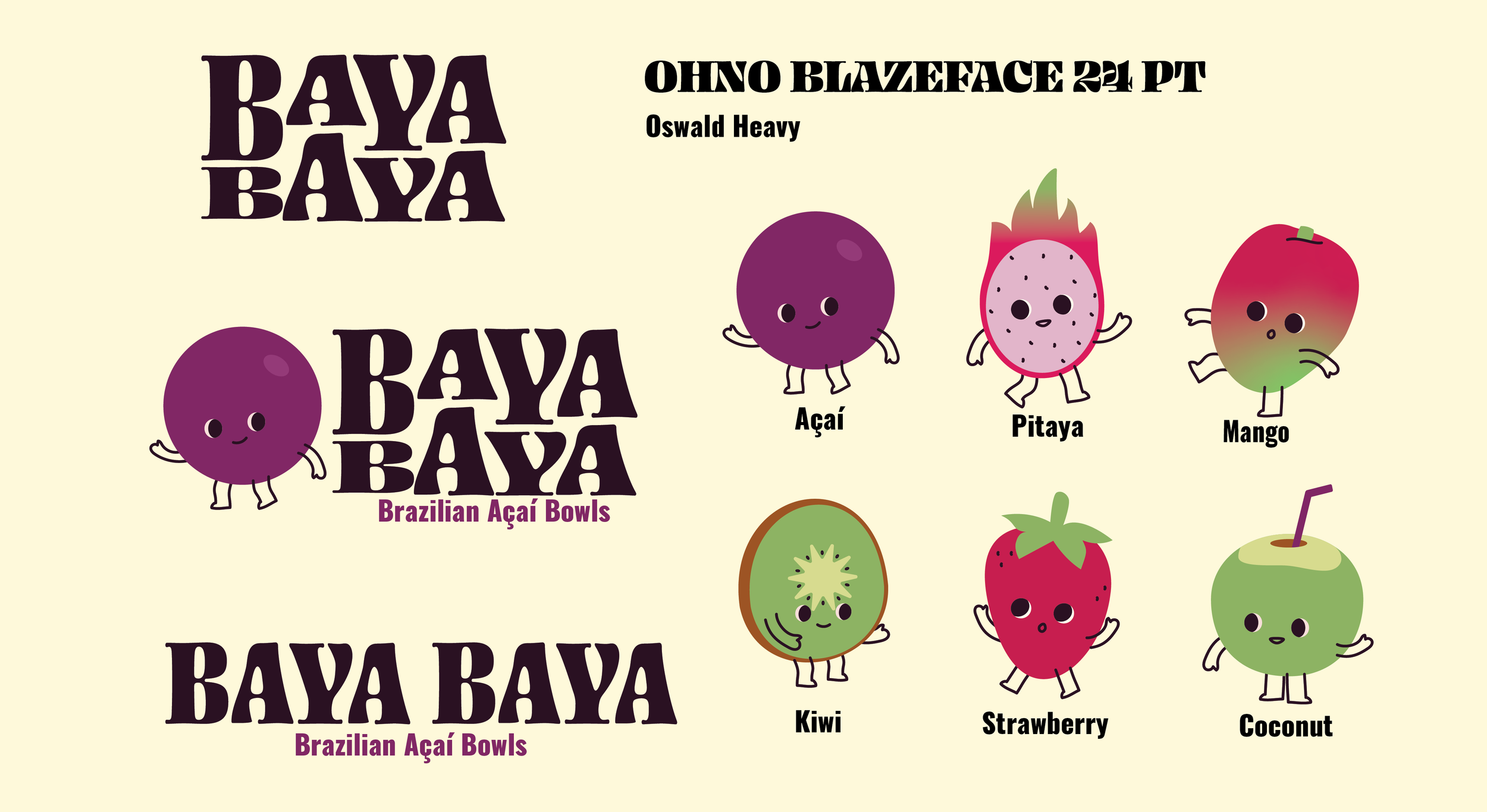 Brand mascots - fun and welcoming fruits that you would commonly find in Acai bowl shops, including the humble Acai, bold Pitaya and friendly coconut
