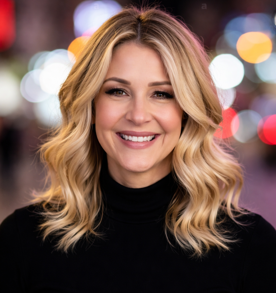 A smiling blonde woman with shoulder-length wavy hair wearing a black turtleneck, standing outdoors at night with colorful blurred city lights in the background.