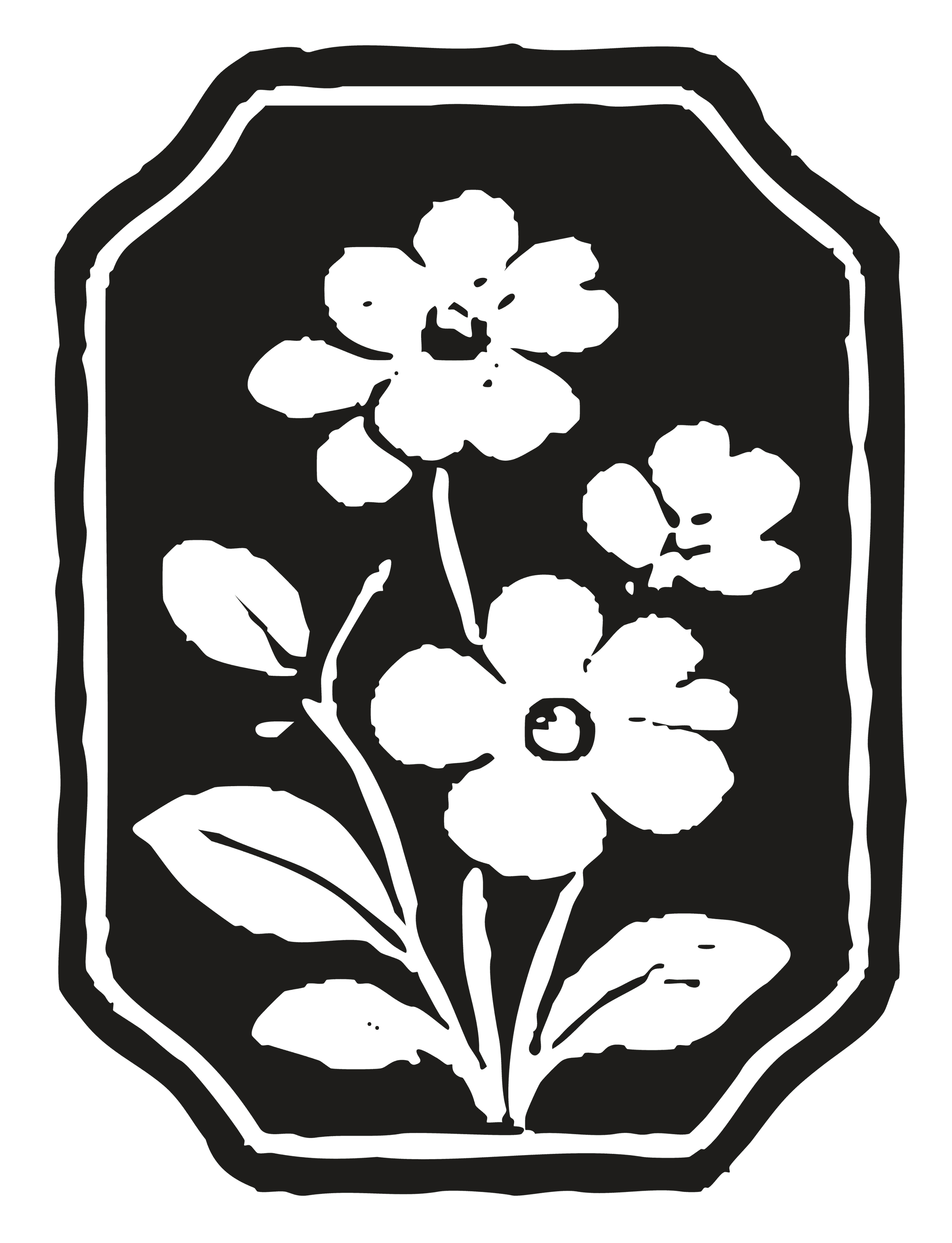 A silhouette of a bottle with a floral design on the label.