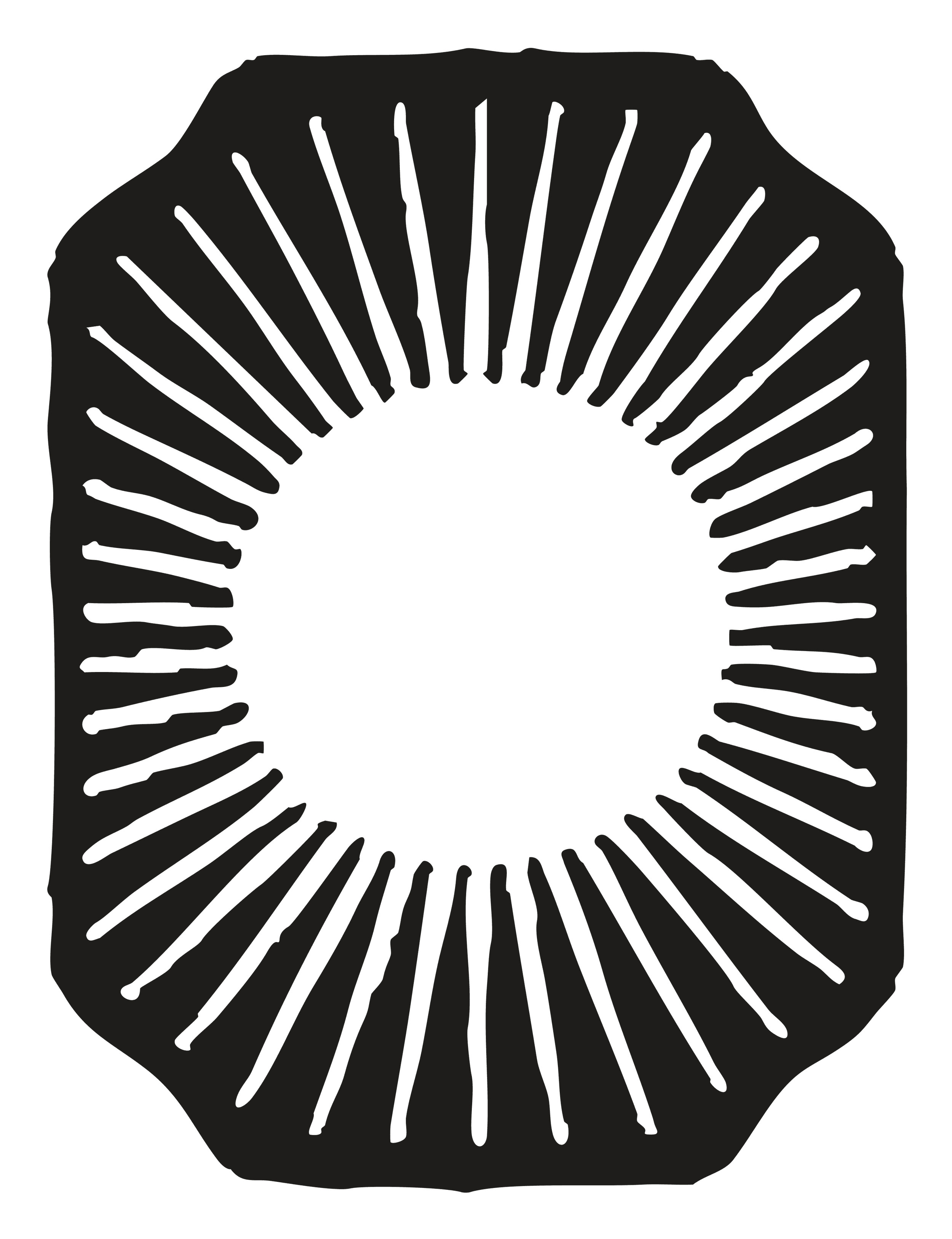 Black silhouette of a seashell with alternating thick and thin lines radiating from the center.