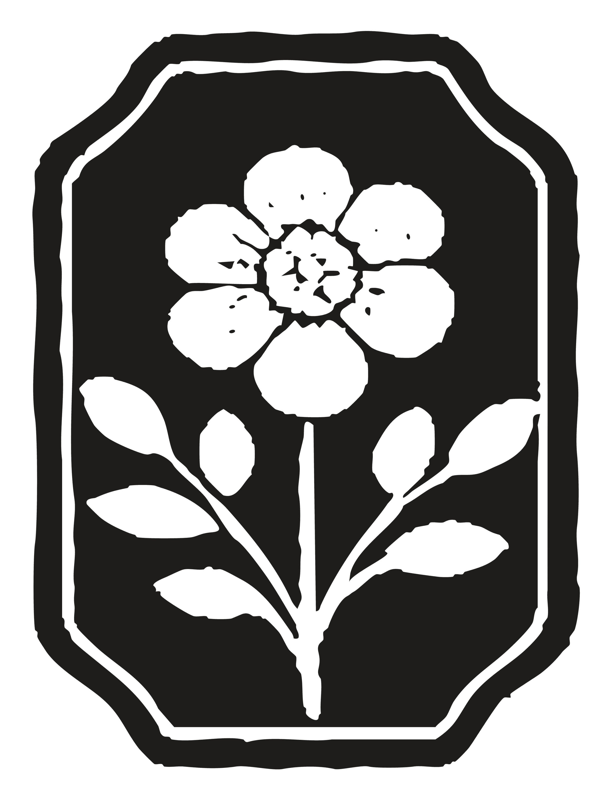 Black and white line drawing of a small potted plant or flower with five blooms and some leaves.