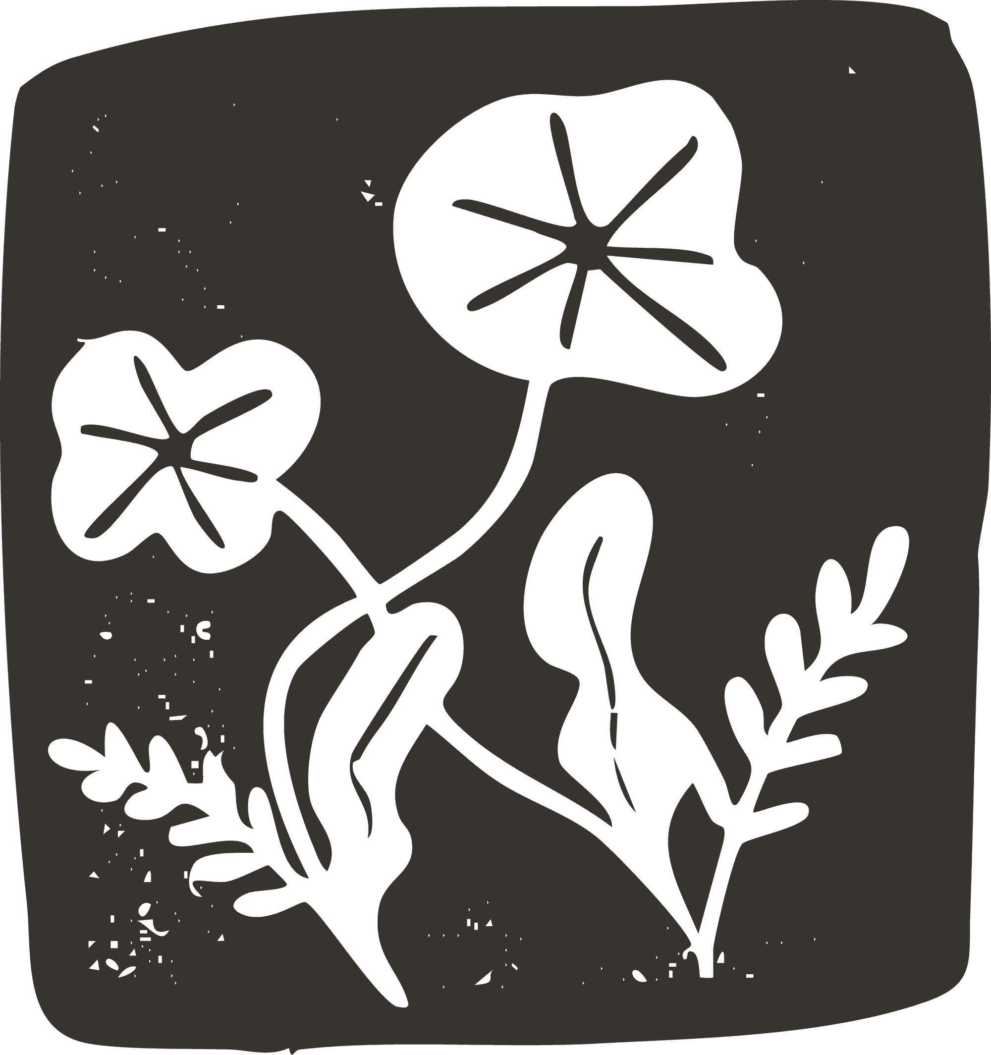 Black and white silhouette of tea party scene with teapot, cups, and a serving tray.