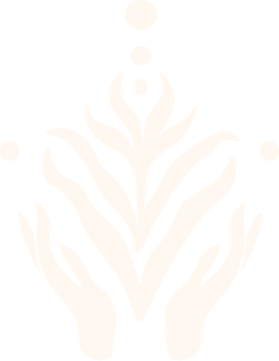 A stylized white botanical design resembling a plant or leaf pattern with bubbles or circles above and around it.