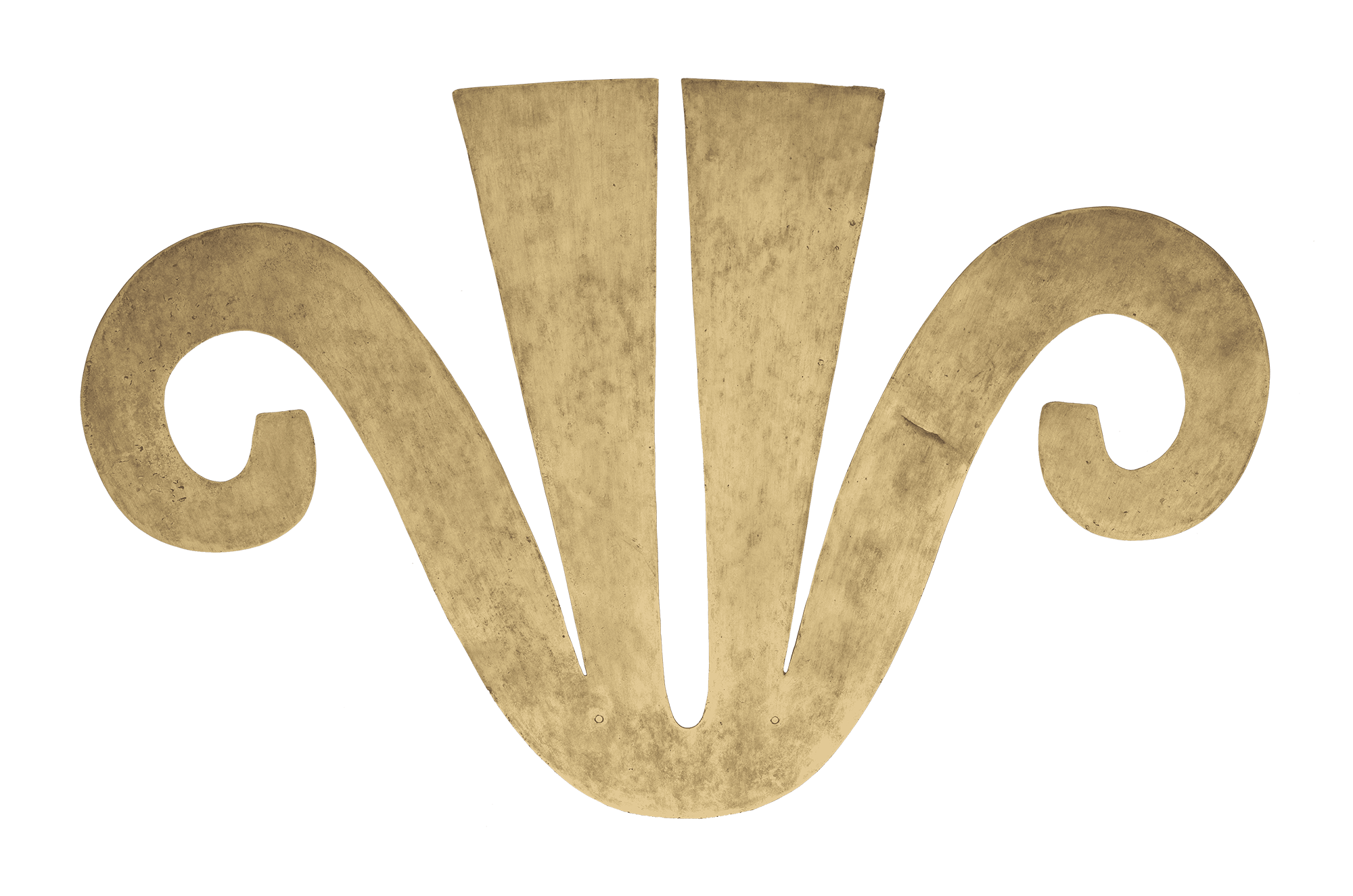 Gold-colored 3D logo with stylized 'W' and decorative swirls on either side.