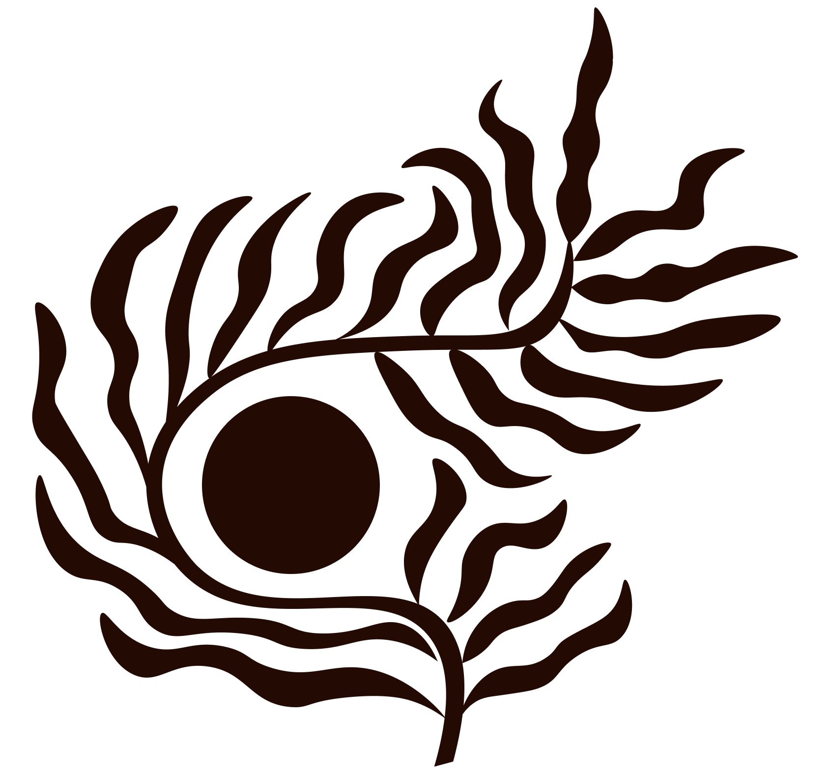 Stylized dark brown illustration of a sunflower with wavy petals and a round center on a black background.