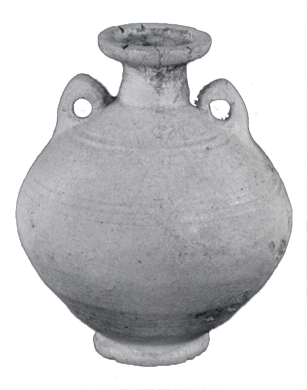 Ancient gray ceramic vessel with a narrow neck, two small handles, and a rounded body, likely used for storage.