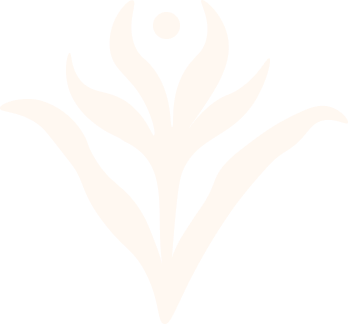 A white floral or plant-like design on a black background.