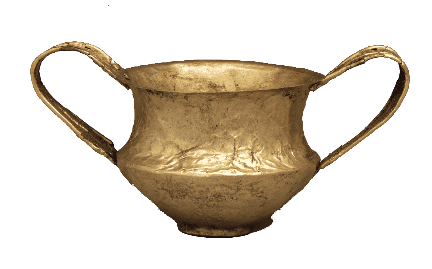 Ancient gold ceremonial vessel with two handles on a black background.