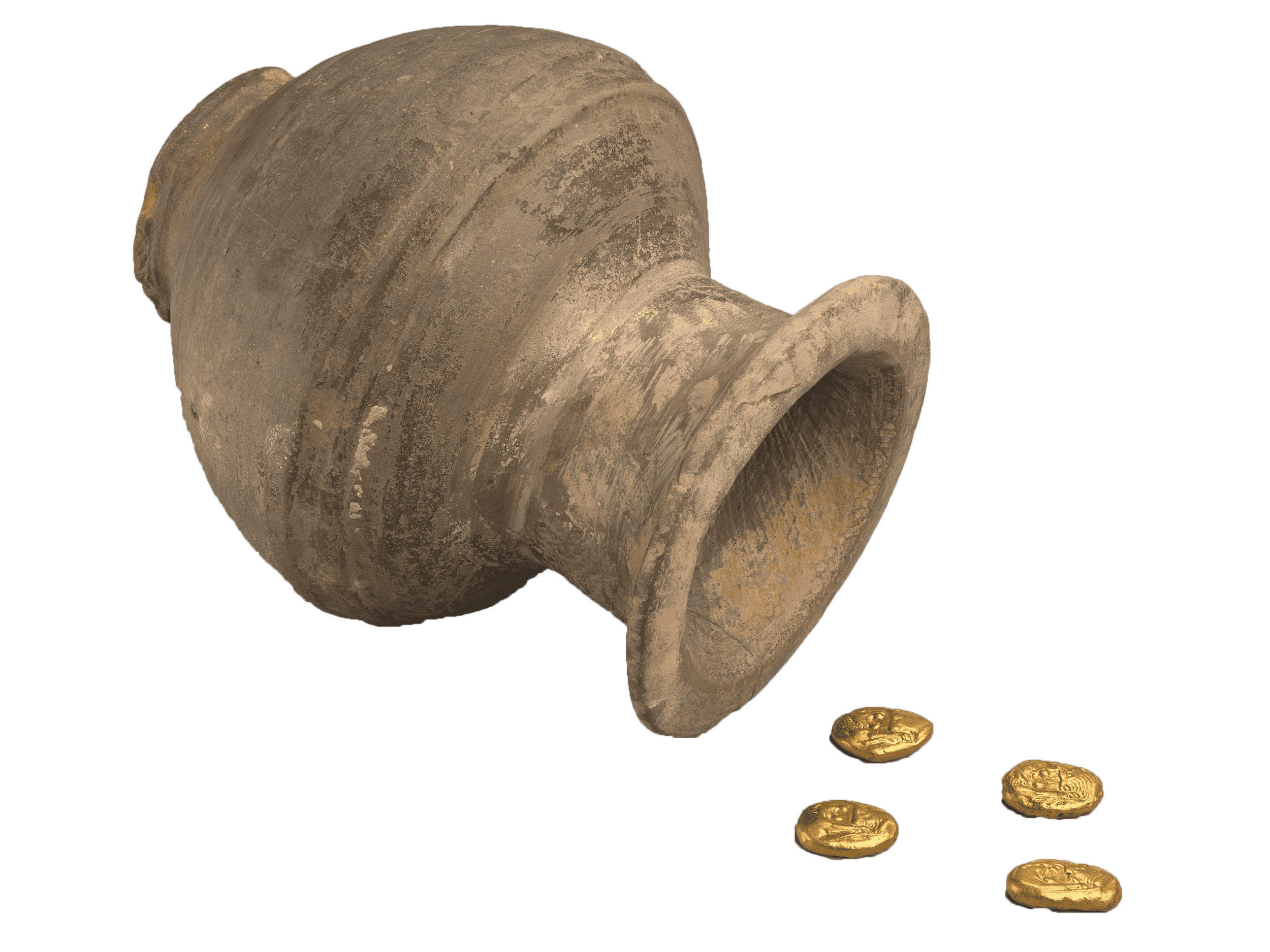 A toppled clay pot with gold coins spilling out and some coins scattered on the ground.