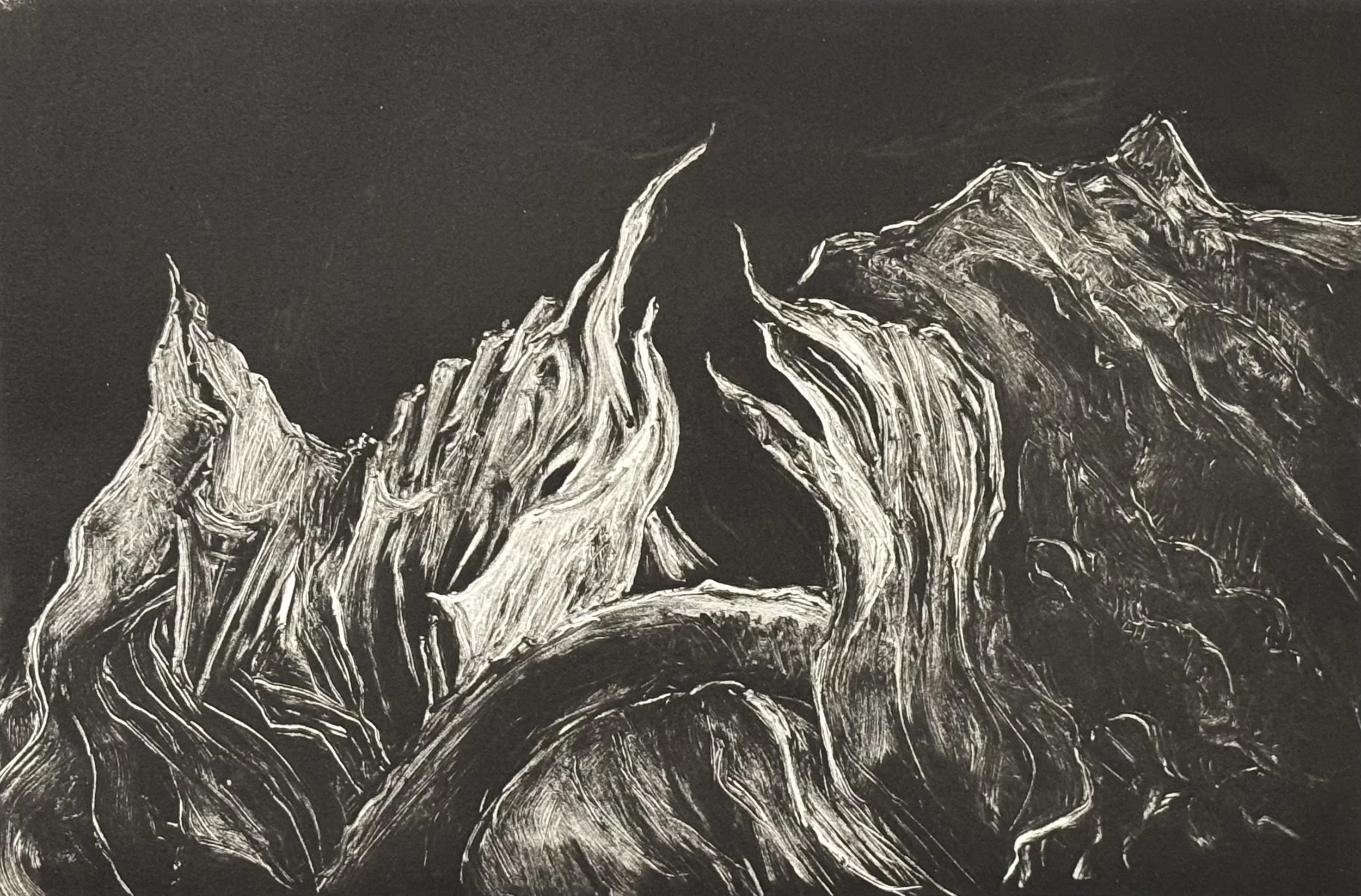 Abstract black and white painting with swirling textured lines resembling mountains or trees.